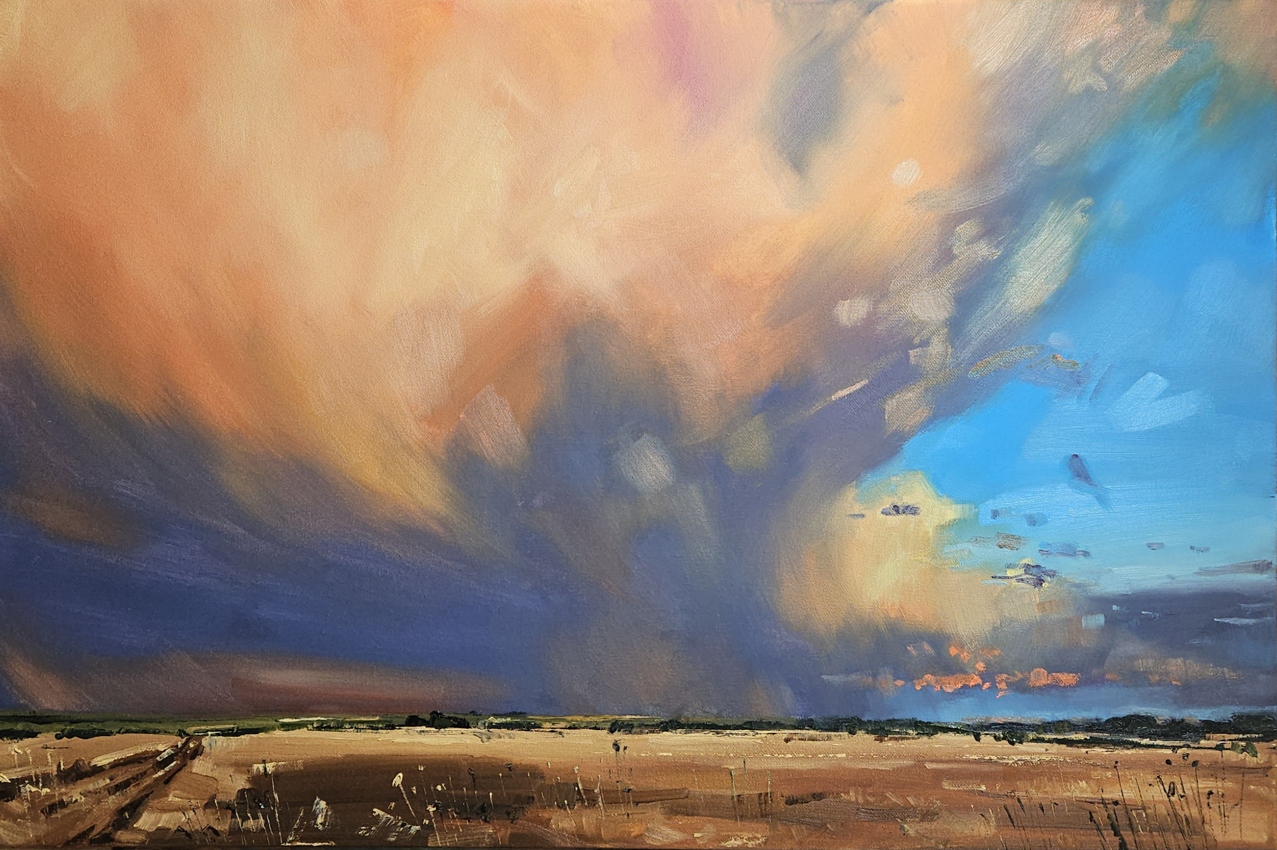Summer Storm Towards Mersea — oil on canvas, dramatic sky split between peach storm light and clear blue over farmland