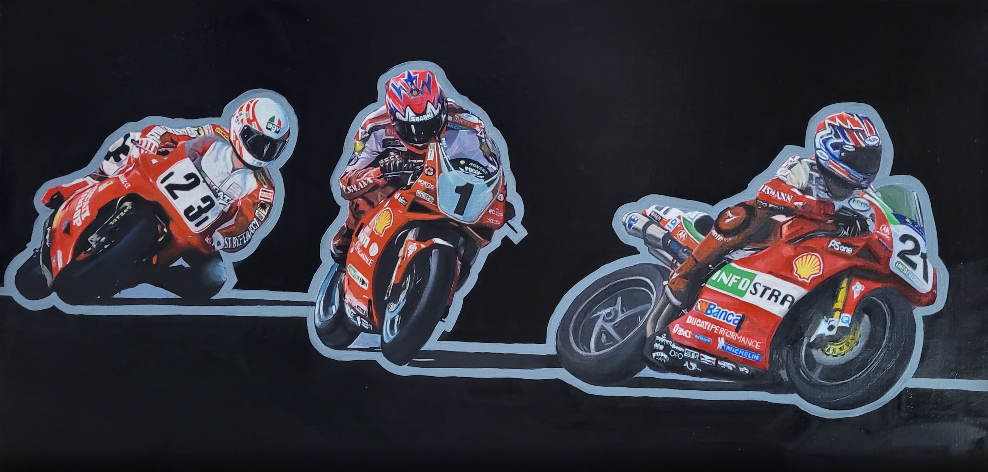 Carl Fogarty, Troy Bayliss and Doug Polen — oil on panel, three superbike riders cornering on their motorcycles against a black background