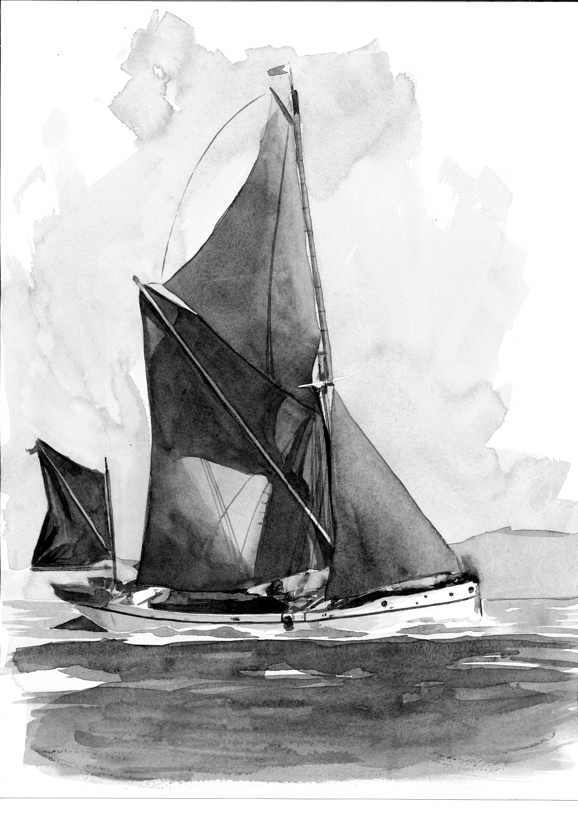 Reminder, Thames sailing barge — acrylic ink painting of a barge under full sail with dark red sails