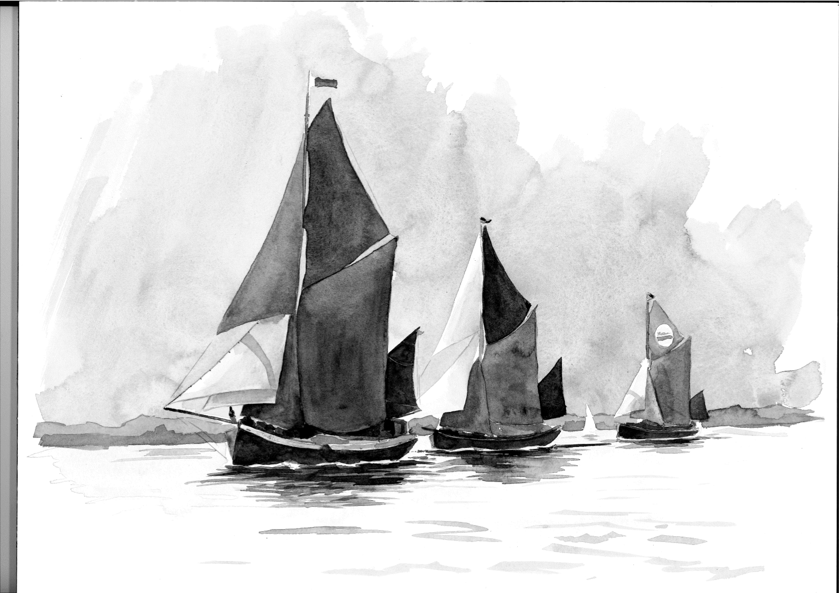 Thames sailing barge race — acrylic ink painting of three barges racing under dark sails