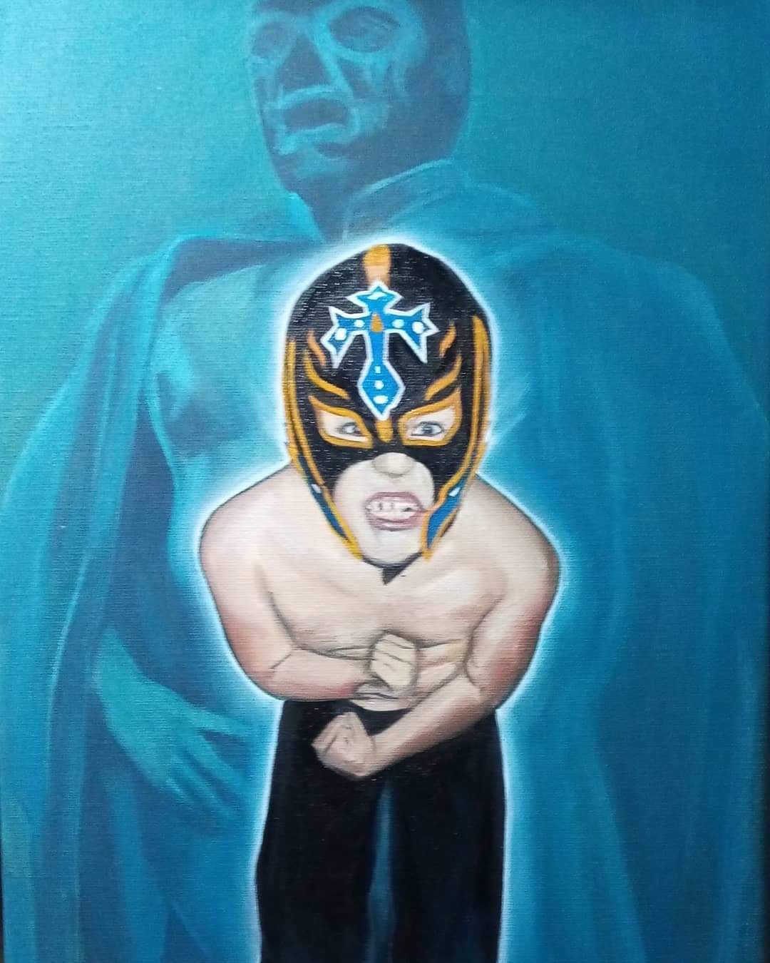 The Wrestler — oil, playful portrait of a boy in a luchador wrestling mask with a glowing blue superhero silhouette behind him
