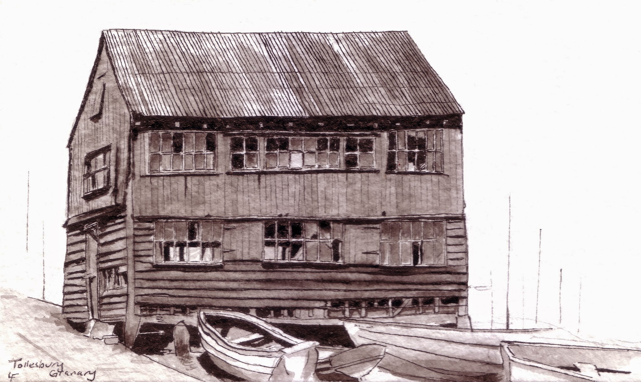 Tollesbury Granary — small pen and ink drawing of the weathered wooden granary building with rowing boats in front
