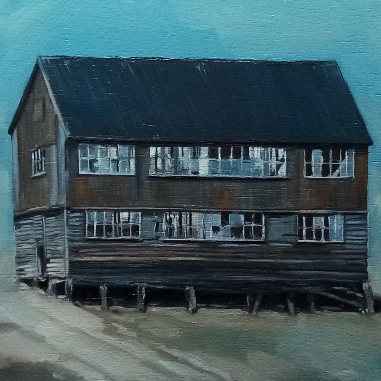Tollesbury Granary — oil on panel, weathered wooden granary building on stilts against a teal sky