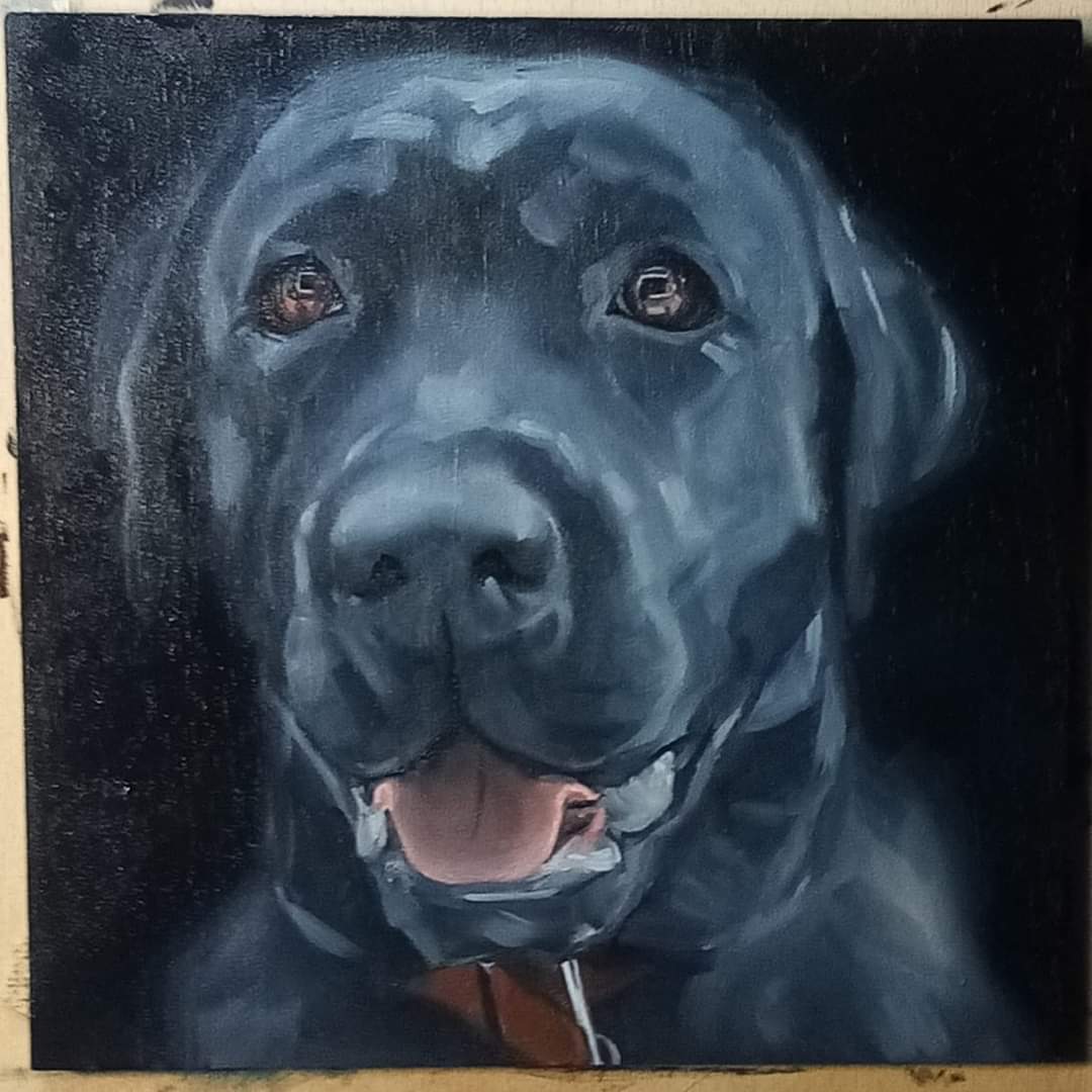 Tommy — oil on panel, close-up portrait of a black Labrador with mouth open and tongue out