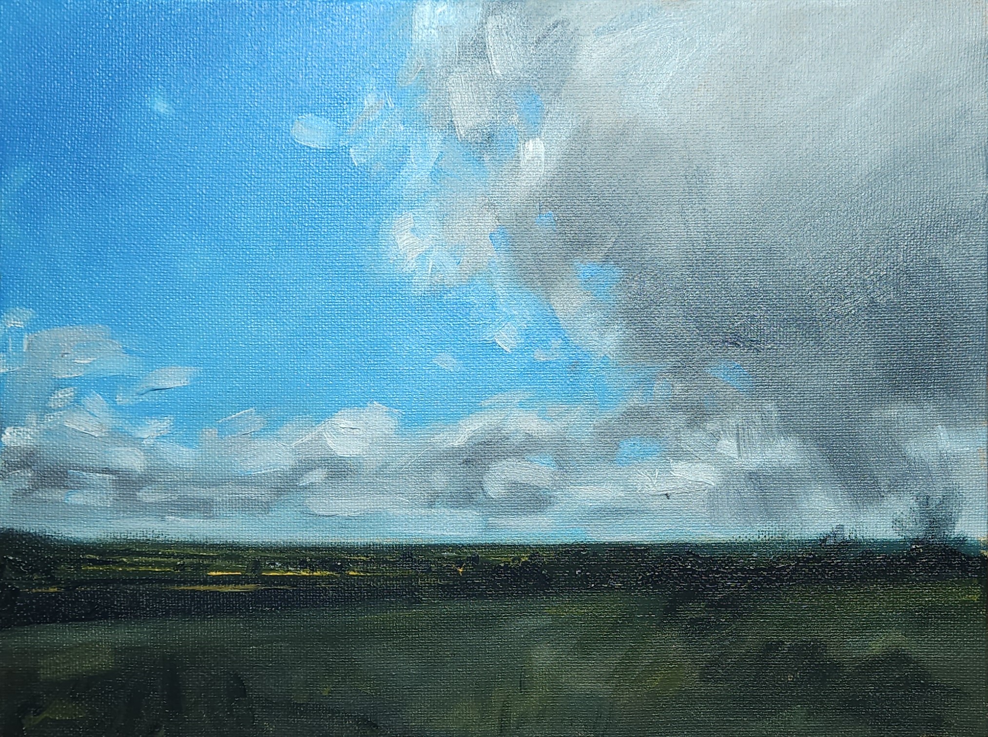 Towards Colchester — oil on canvas, big blue sky with building clouds over flat green farmland horizon