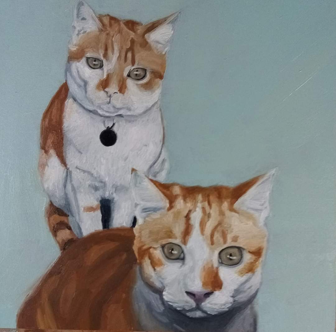Two ginger and white cat brothers — oil on panel, close portrait of two cats side by side