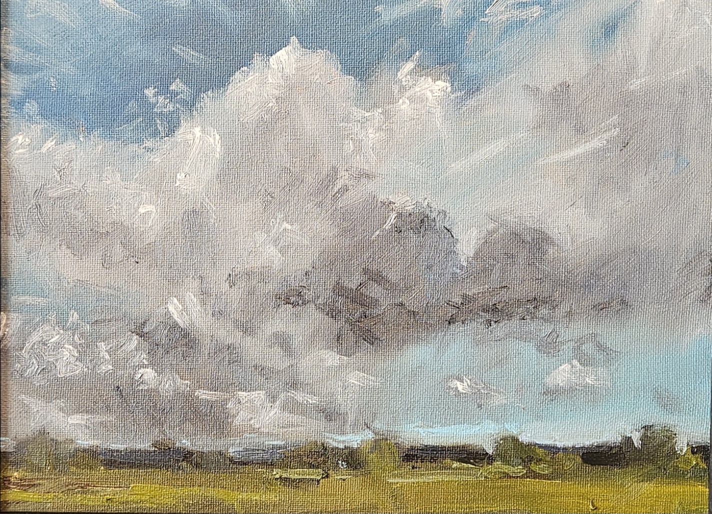 Untitled — oil on canvas, large billowing cumulus cloud over a distant treeline and green field