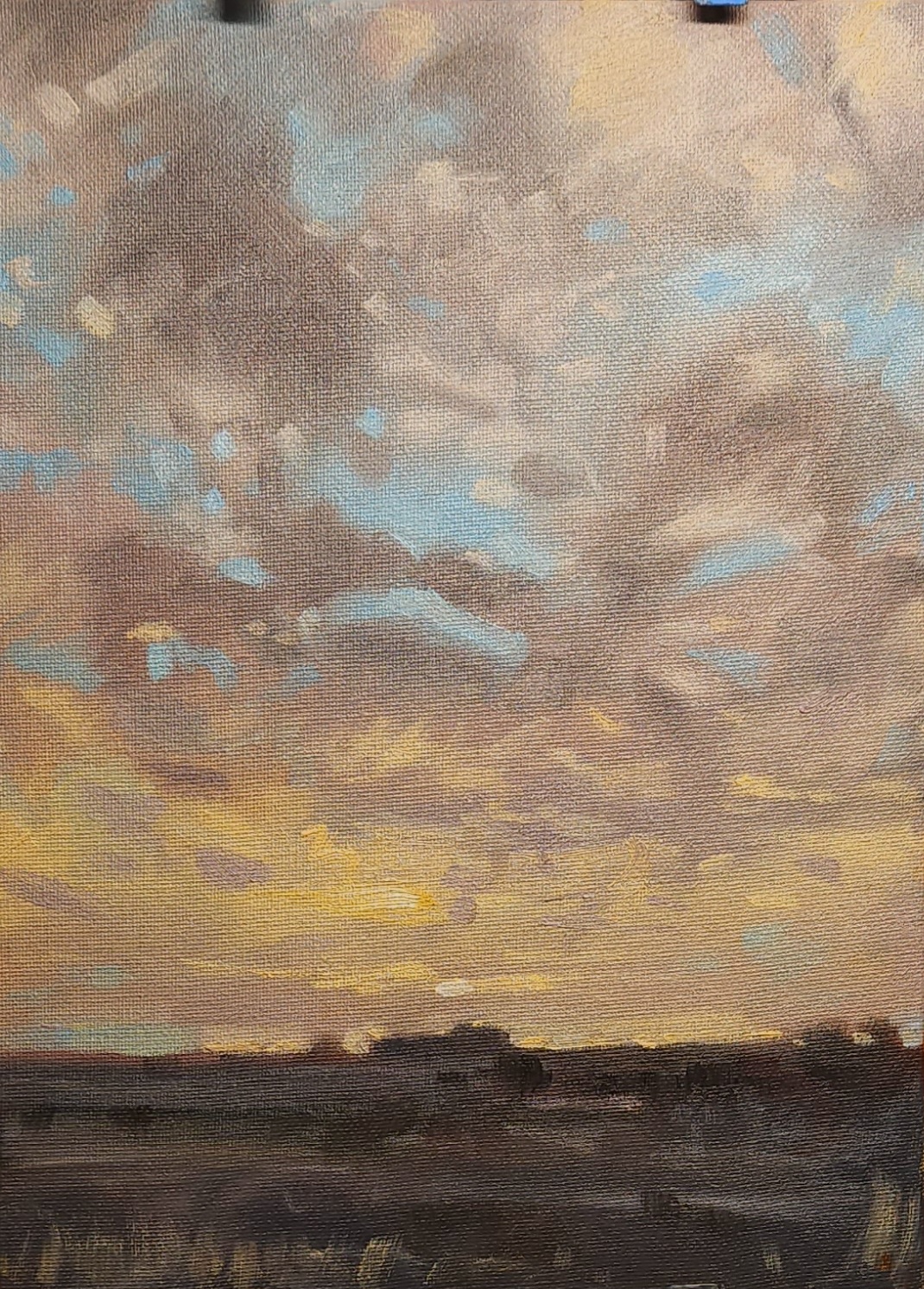 Untitled — oil on canvas, warm sunset sky study with layered clouds over a dark treeline horizon