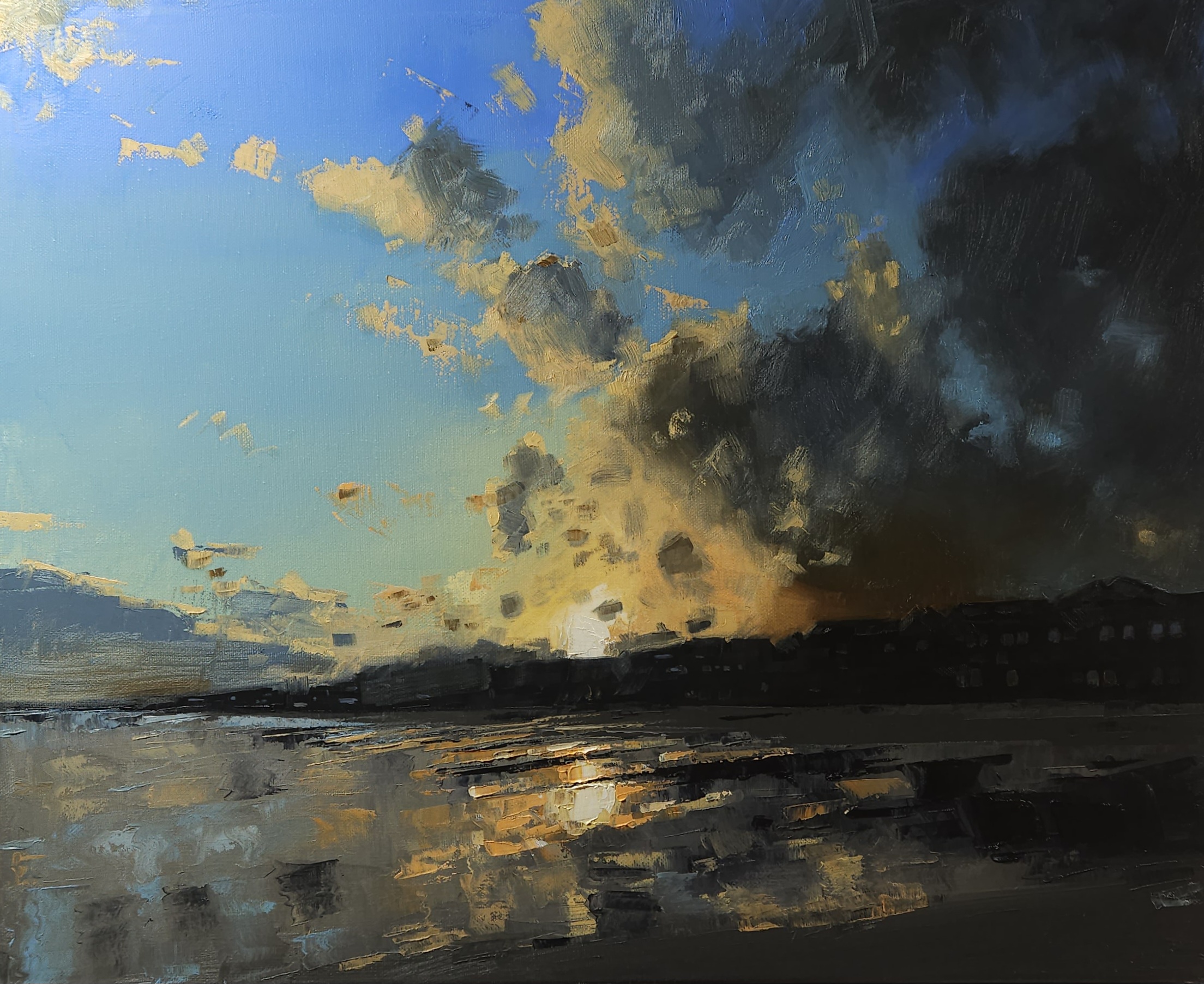 Walton, Essex — oil on canvas, dramatic dark storm cloud with golden light breaking through over calm water at low tide