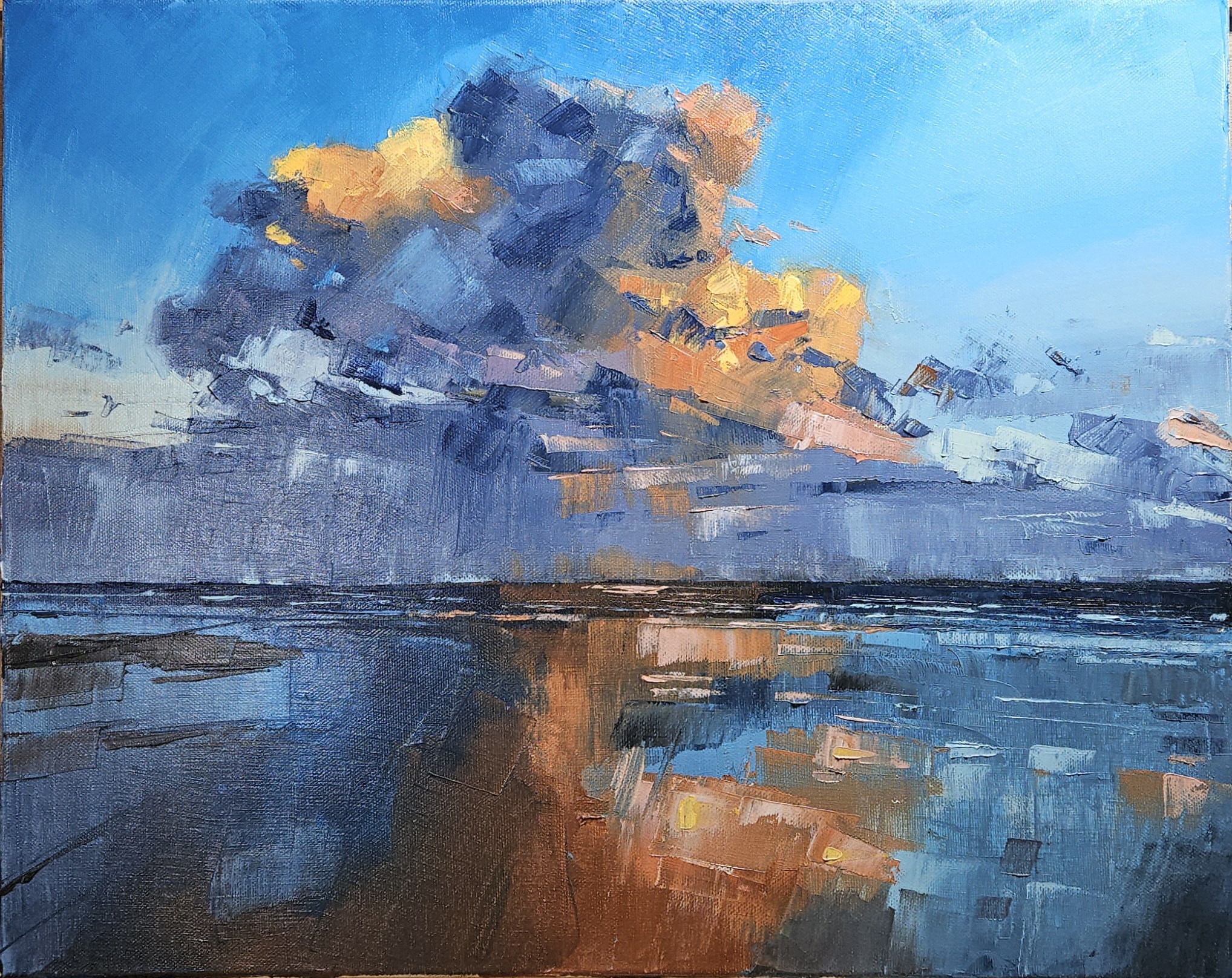 Walton Sunset after the Rain — oil on canvas, glowing cloud over calm estuary water
